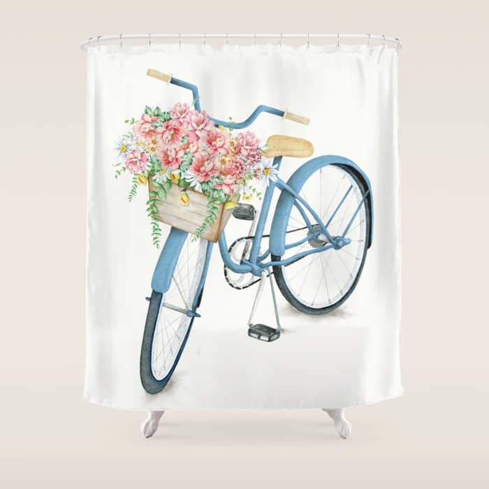 Blue Bicycle With Flowers In Basket Shower Curtain