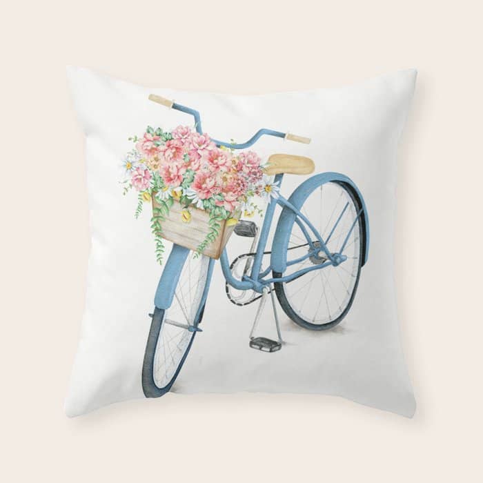Blue Bicycle With Flowers In Basket Throw Pillow