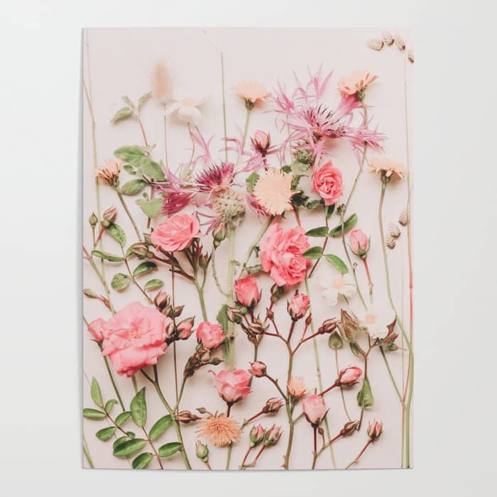 Flowers - Pastel Wildflowers And Pink Roses - Flat Lay Florals Poster