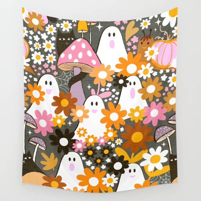Whimsy Halloween Retro Cats And Ghosts Cottagecore Garden Party - Black Orange Pink Wall Tapestry