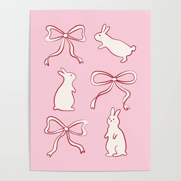 Ribbon Bows And Bunnies In Red, Pink And White Poster