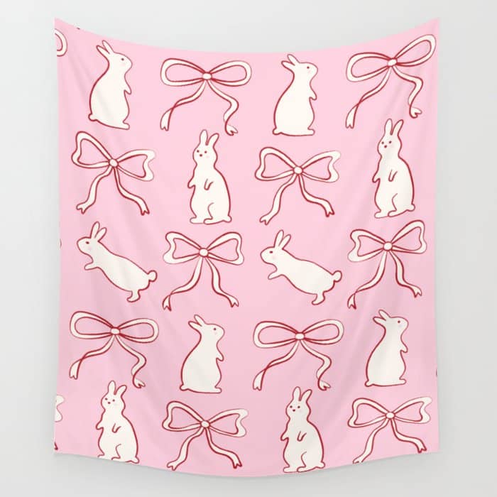 Ribbon Bows And Bunnies In Red, Pink And White Wall Tapestry