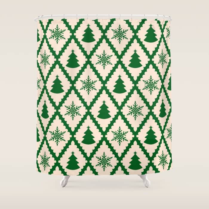 Festive Christmas Check In Green & Off White Shower Curtain