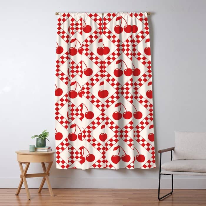 Red Cherries & Beige Checker Window Curtain