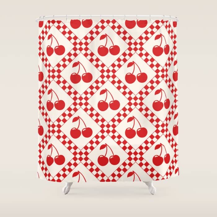 Red Cherries & Beige Checker Shower Curtain
