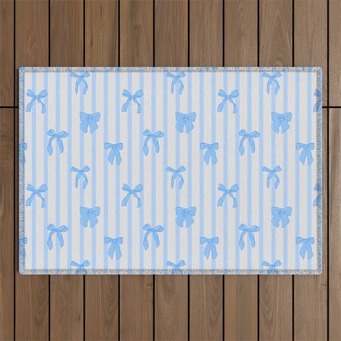 Elegant Blue Bows And Stripes Pattern Outdoor Rug