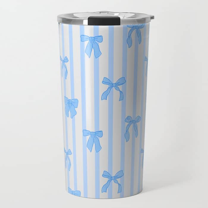 Elegant Blue Bows And Stripes Pattern Travel Mug