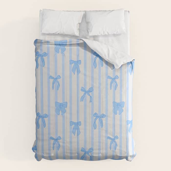 Elegant Blue Bows And Stripes Pattern Comforter
