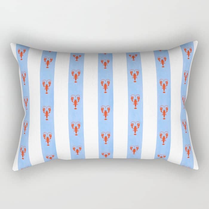 Red Lobsters On Hand-Painted Bright Blue Stripes Rectangular Pillow