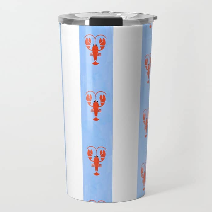 Red Lobsters On Hand-Painted Bright Blue Stripes Travel Mug