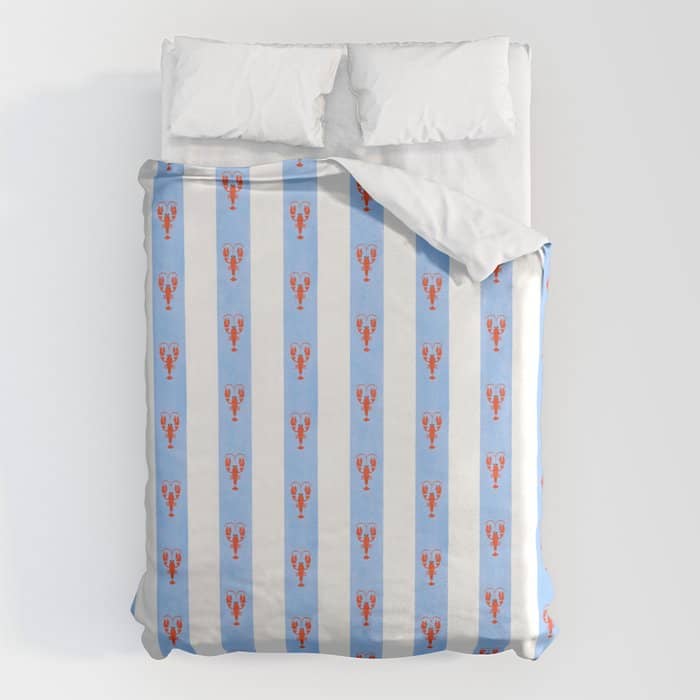Red Lobsters On Hand-Painted Bright Blue Stripes Duvet Cover
