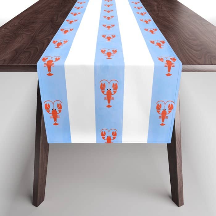 Red Lobsters On Hand-Painted Bright Blue Stripes Table Runner