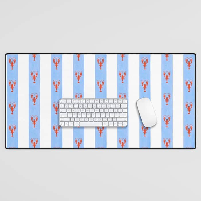 Red Lobsters On Hand-Painted Bright Blue Stripes Desk Mat