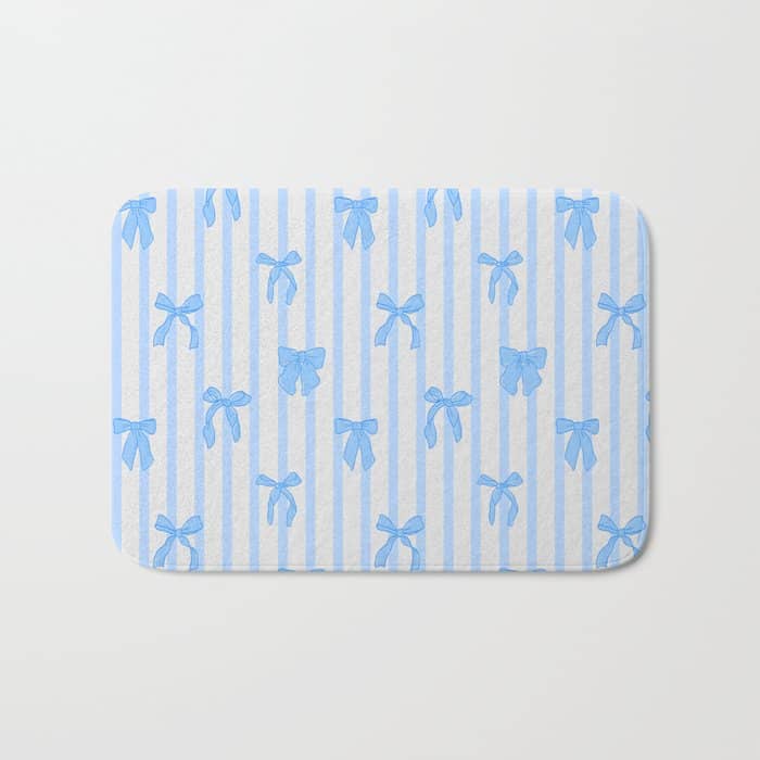 Elegant Blue Bows And Stripes Pattern Bath Mat