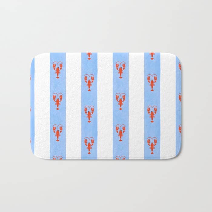 Red Lobsters On Hand-Painted Bright Blue Stripes Bath Mat