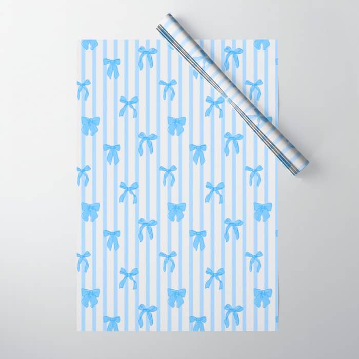 Elegant Blue Bows And Stripes Pattern Wrapping Paper