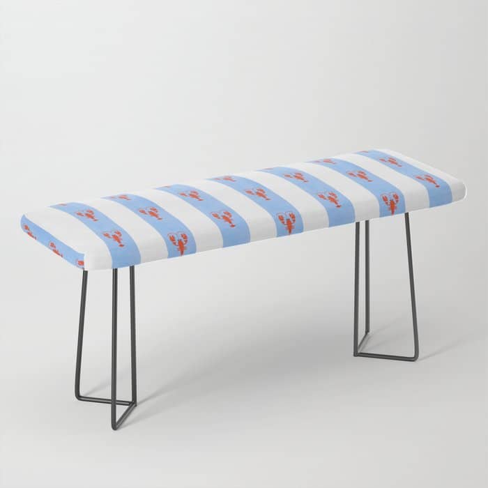 Red Lobsters On Hand-Painted Bright Blue Stripes Bench