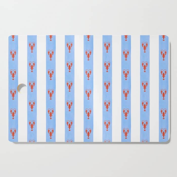 Red Lobsters On Hand-Painted Bright Blue Stripes Cutting Board