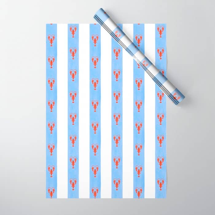 Red Lobsters On Hand-Painted Bright Blue Stripes Wrapping Paper