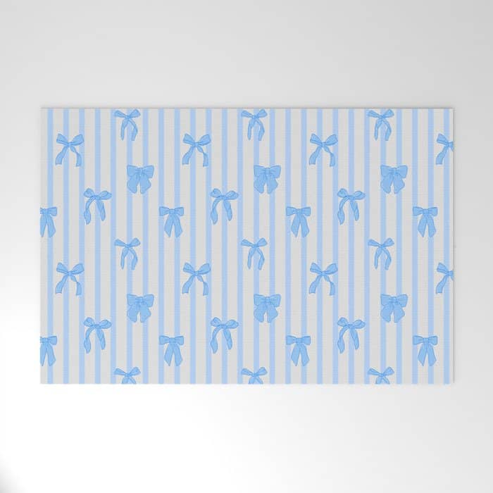 Elegant Blue Bows And Stripes Pattern Welcome Mat