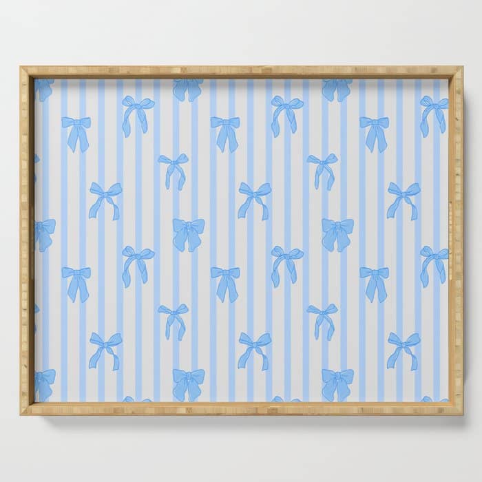 Elegant Blue Bows And Stripes Pattern Serving Tray
