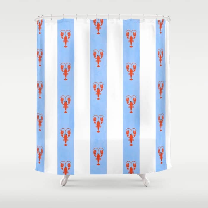 Red Lobsters On Hand-Painted Bright Blue Stripes Shower Curtain