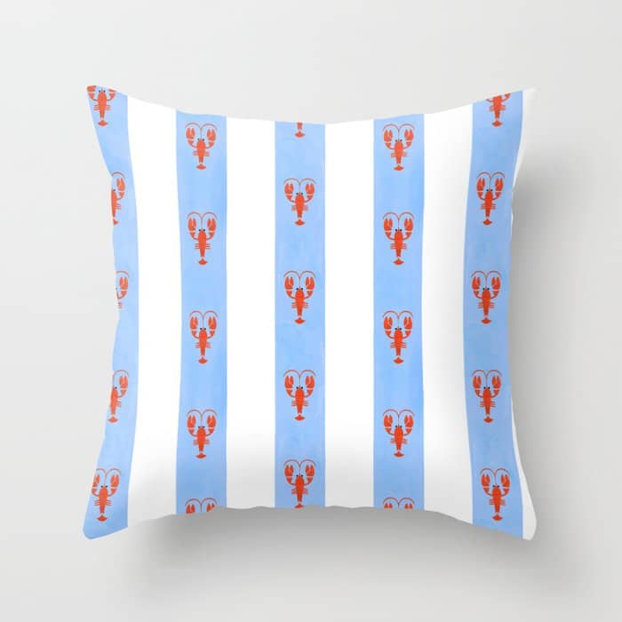Red Lobsters On Hand-Painted Bright Blue Stripes Throw Pillow