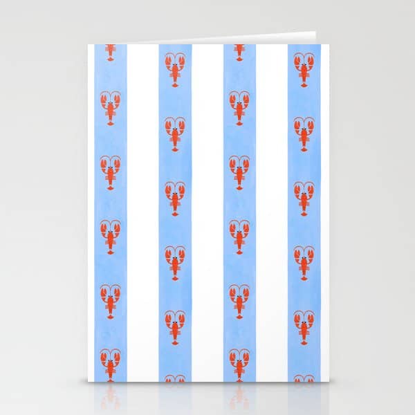 Red Lobsters On Hand-Painted Bright Blue Stripes Stationery Card
