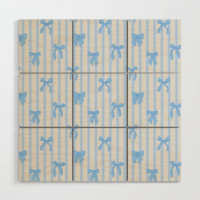 Elegant Blue Bows And Stripes Pattern Wood Wall Art