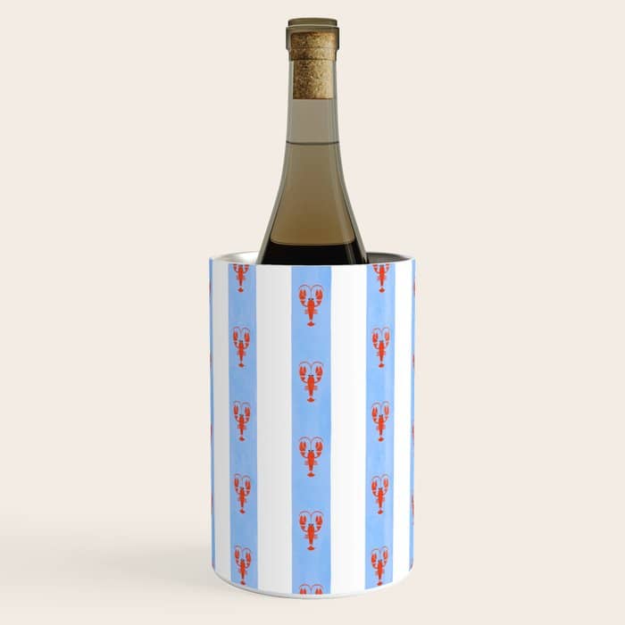 Red Lobsters On Hand-Painted Bright Blue Stripes Wine Chiller