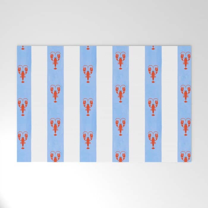 Red Lobsters On Hand-Painted Bright Blue Stripes Welcome Mat