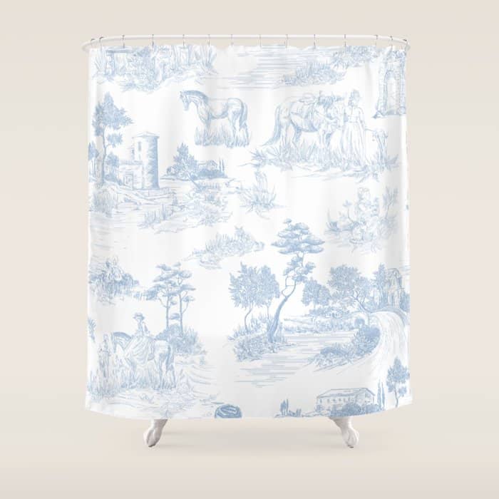 Toile De Jouy Vintage French Soft Baby Blue White Pastoral Pattern Shower Curtain