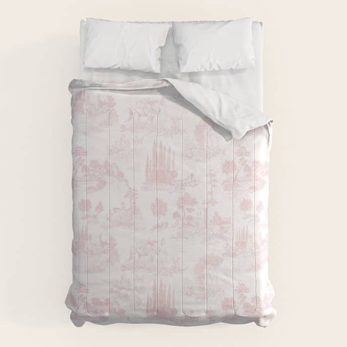 Toile De Jouy Vintage French Romantic Pastoral Baby Pink & White Comforter