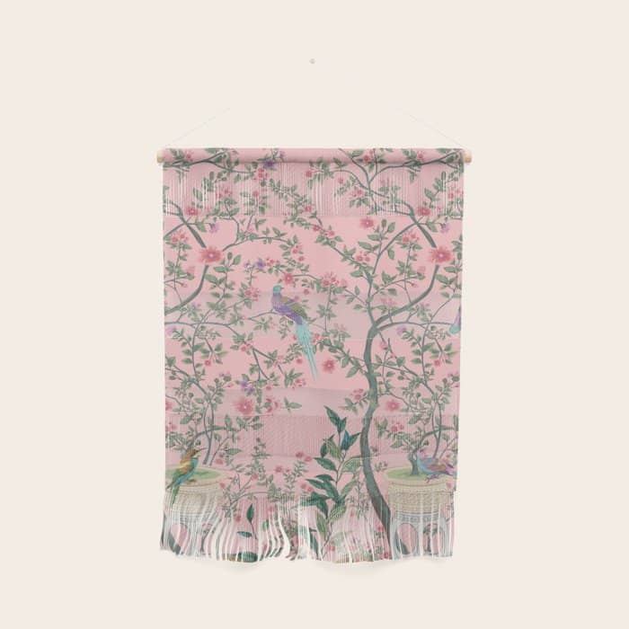 Chinoiserie Pink Fresco Floral Garden Birds Oriental Botanical Wall Hanging