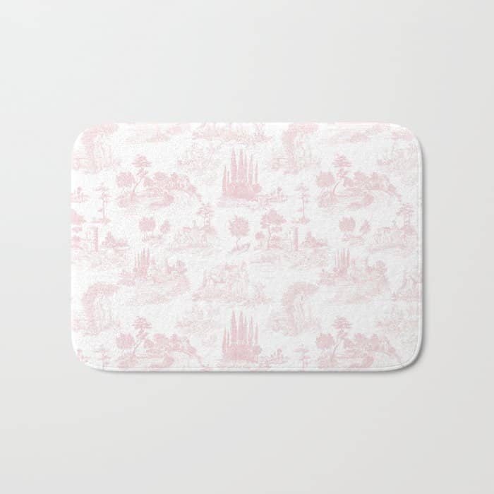 Toile De Jouy Vintage French Romantic Pastoral Baby Pink & White Bath Mat