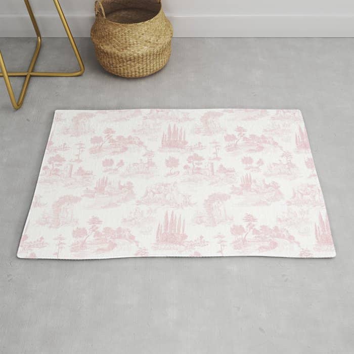 Toile De Jouy Vintage French Romantic Pastoral Baby Pink & White Rug