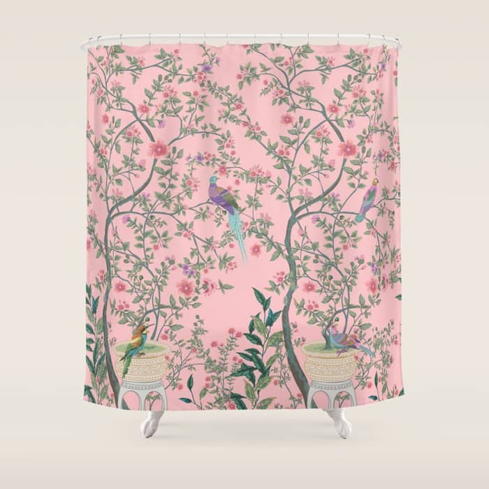 Chinoiserie Pink Fresco Floral Garden Birds Oriental Botanical Shower Curtain