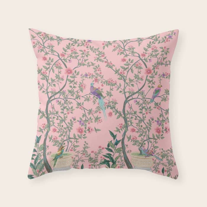 Chinoiserie Pink Fresco Floral Garden Birds Oriental Botanical Throw Pillow