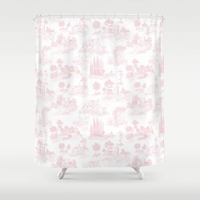 Toile De Jouy Vintage French Romantic Pastoral Baby Pink & White Shower Curtain