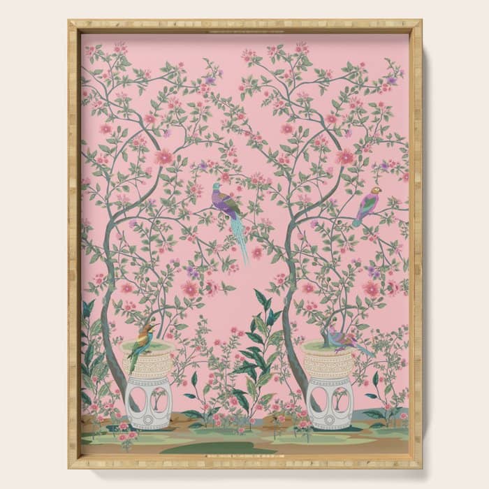 Chinoiserie Pink Fresco Floral Garden Birds Oriental Botanical Serving Tray