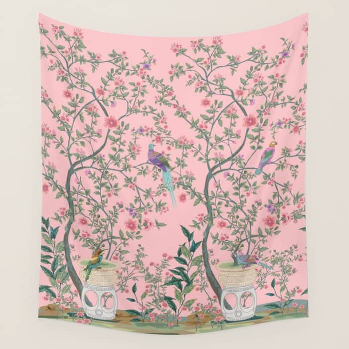 Chinoiserie Pink Fresco Floral Garden Birds Oriental Botanical Wall Tapestry