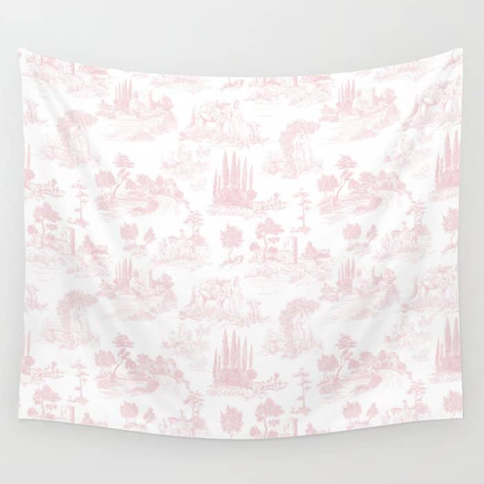 Toile De Jouy Vintage French Romantic Pastoral Baby Pink & White Wall Tapestry