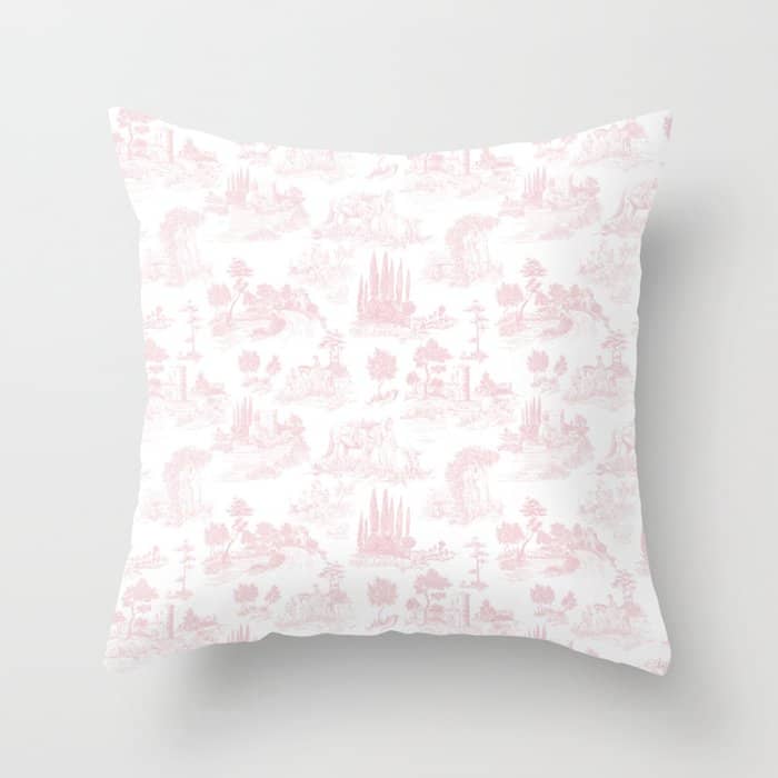 Toile De Jouy Vintage French Romantic Pastoral Baby Pink & White Throw Pillow