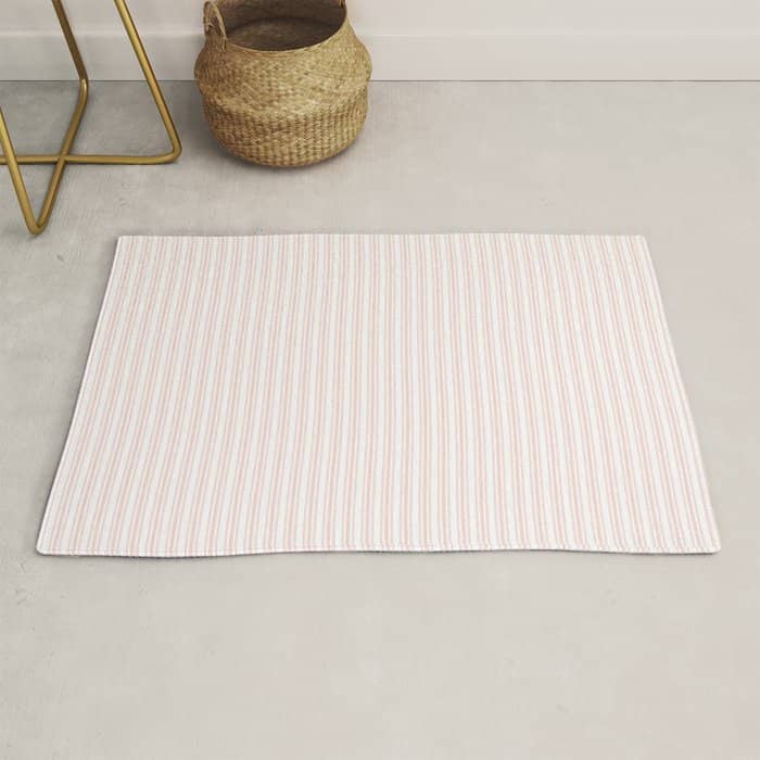 Classic Small Pink Rosebud Pastel Pink French Mattress Ticking Double Stripes Rug
