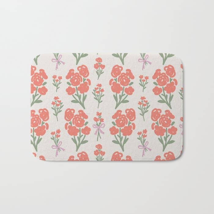 Preppy Grandmillennial Cute Red Flowers Bath Mat