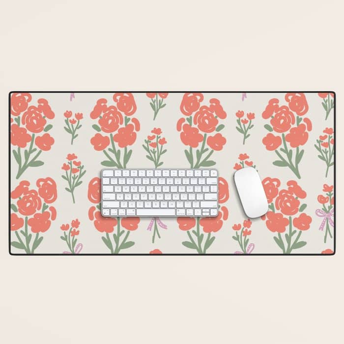 Preppy Grandmillennial Cute Red Flowers Desk Mat
