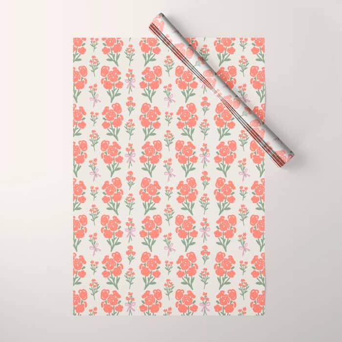 Preppy Grandmillennial Cute Red Flowers Wrapping Paper