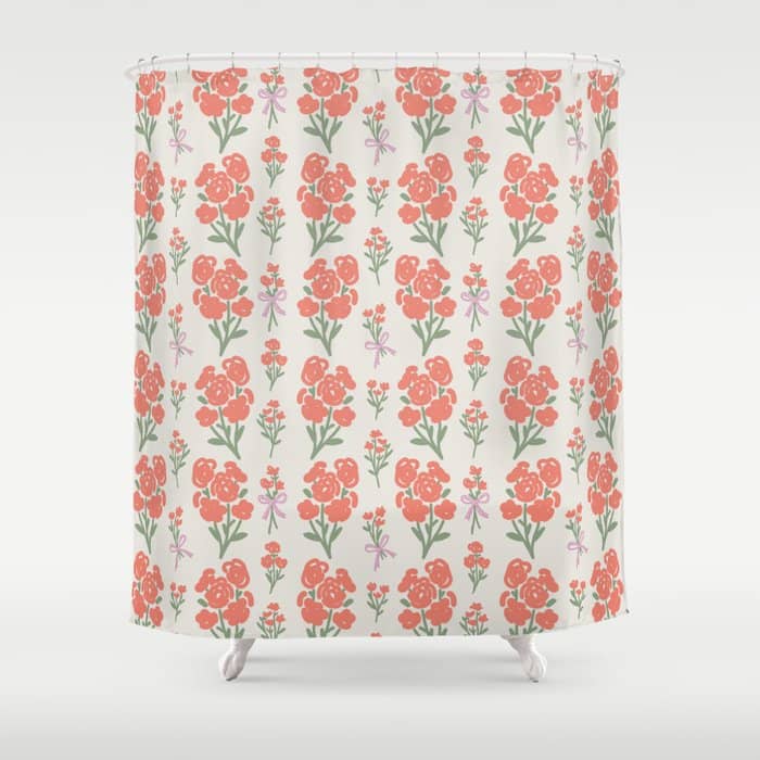 Preppy Grandmillennial Cute Red Flowers Shower Curtain