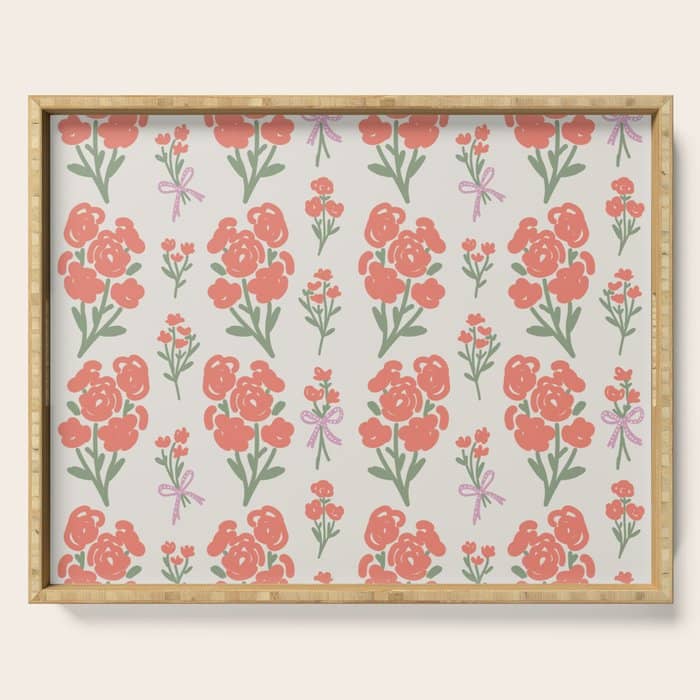 Preppy Grandmillennial Cute Red Flowers Serving Tray