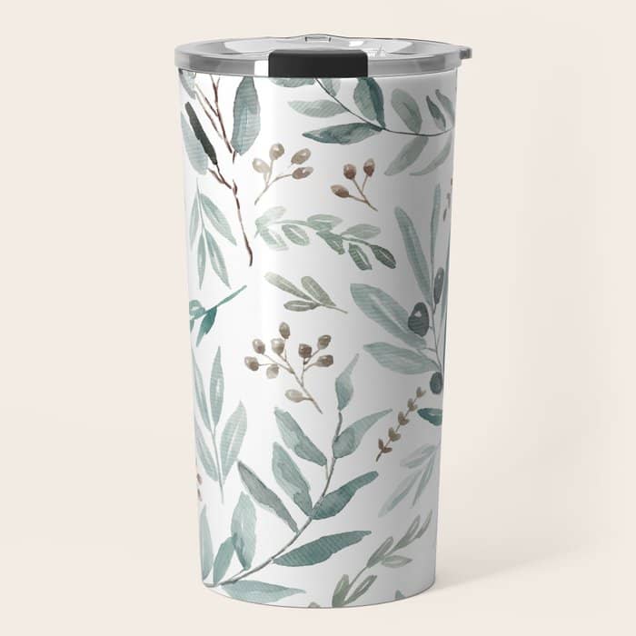 Botanical Eucalyptus Leaves Pattern Travel Mug